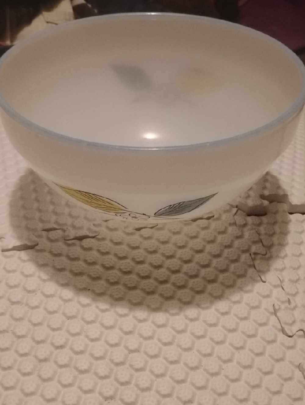 Fire King Milk Glass Bowl with Light Blue Yellow Accent